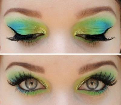 Maquiagem verde, amarela e azul