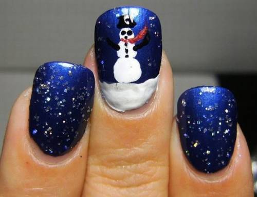 unha decorada azul e branco boneco de neve